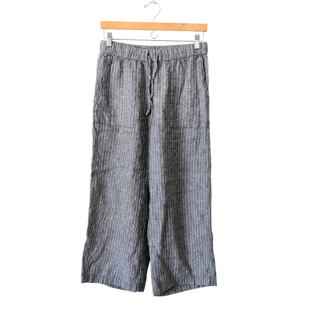 Eileen Fisher Organic Linen Pinstripe Wide Leg Pants Grey XS Coastal Euro Summer - Picture 1 of 7